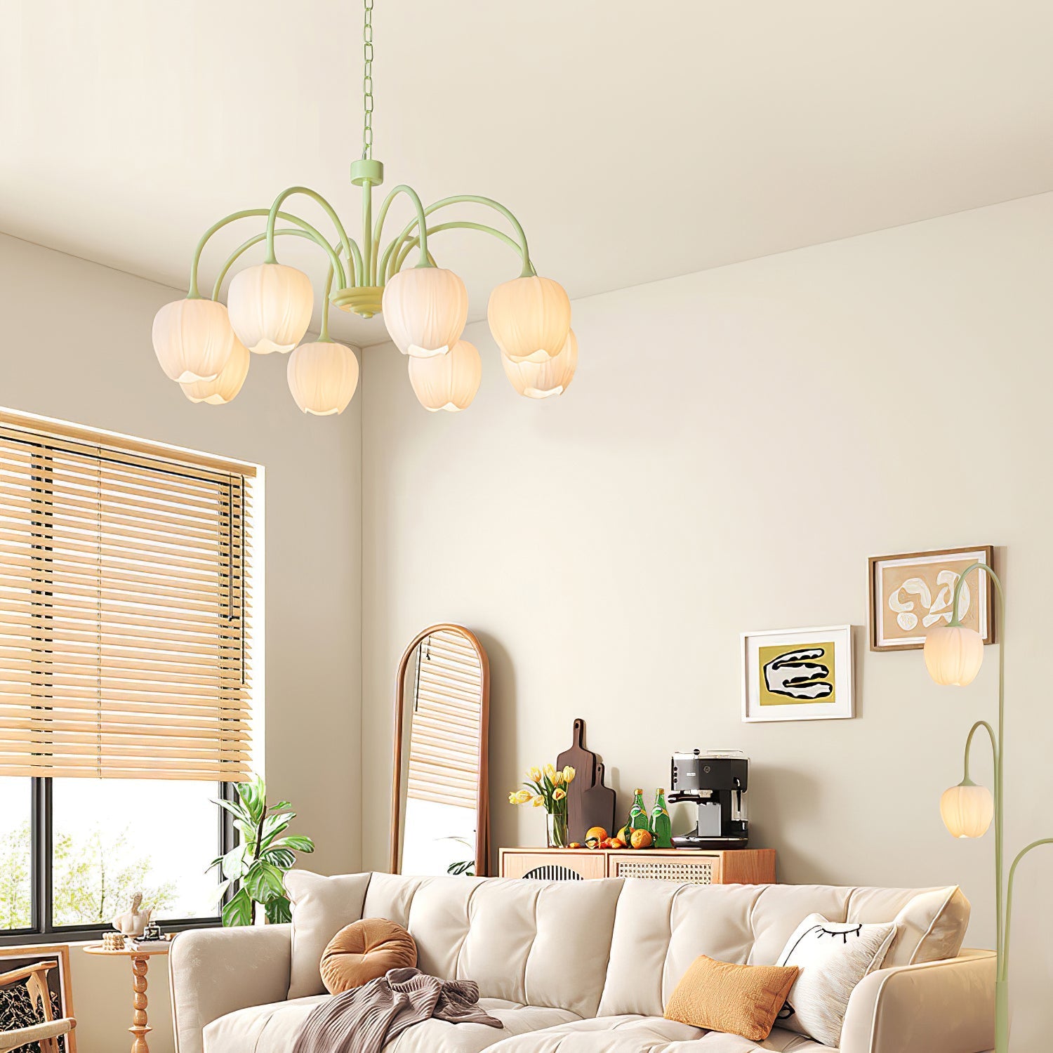 Green lamp body chandelier hanging on a cozy room