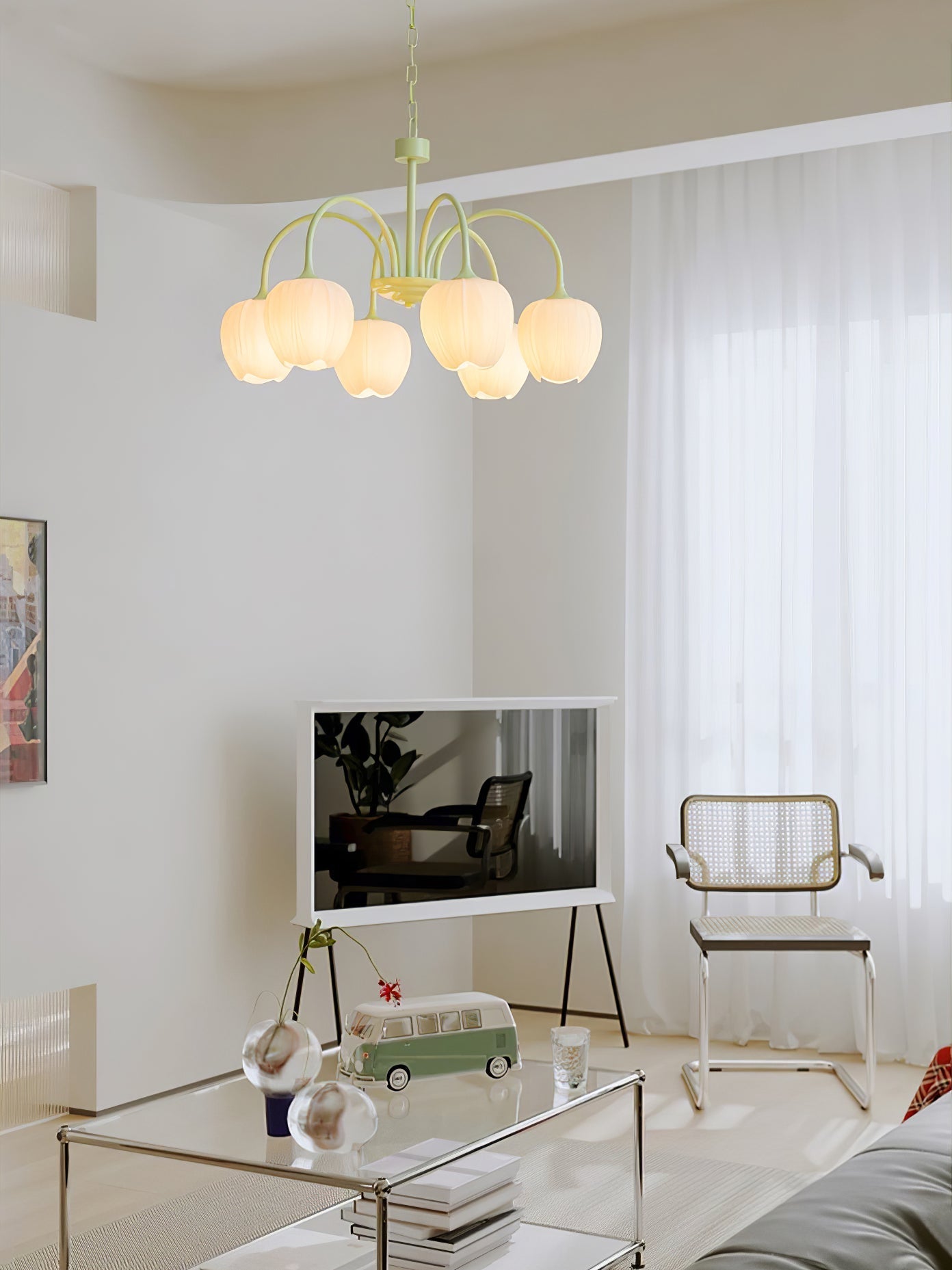 Green lampbody chandelier suspend on a room with TV