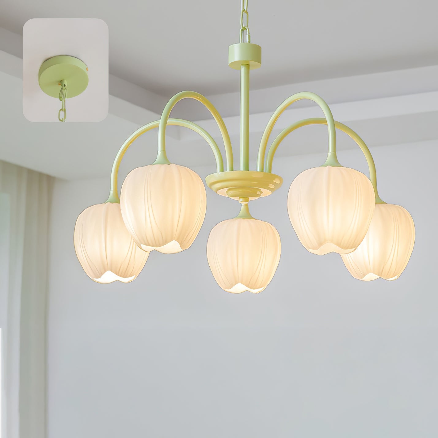 A close-up picture of a green lampbody chandelier